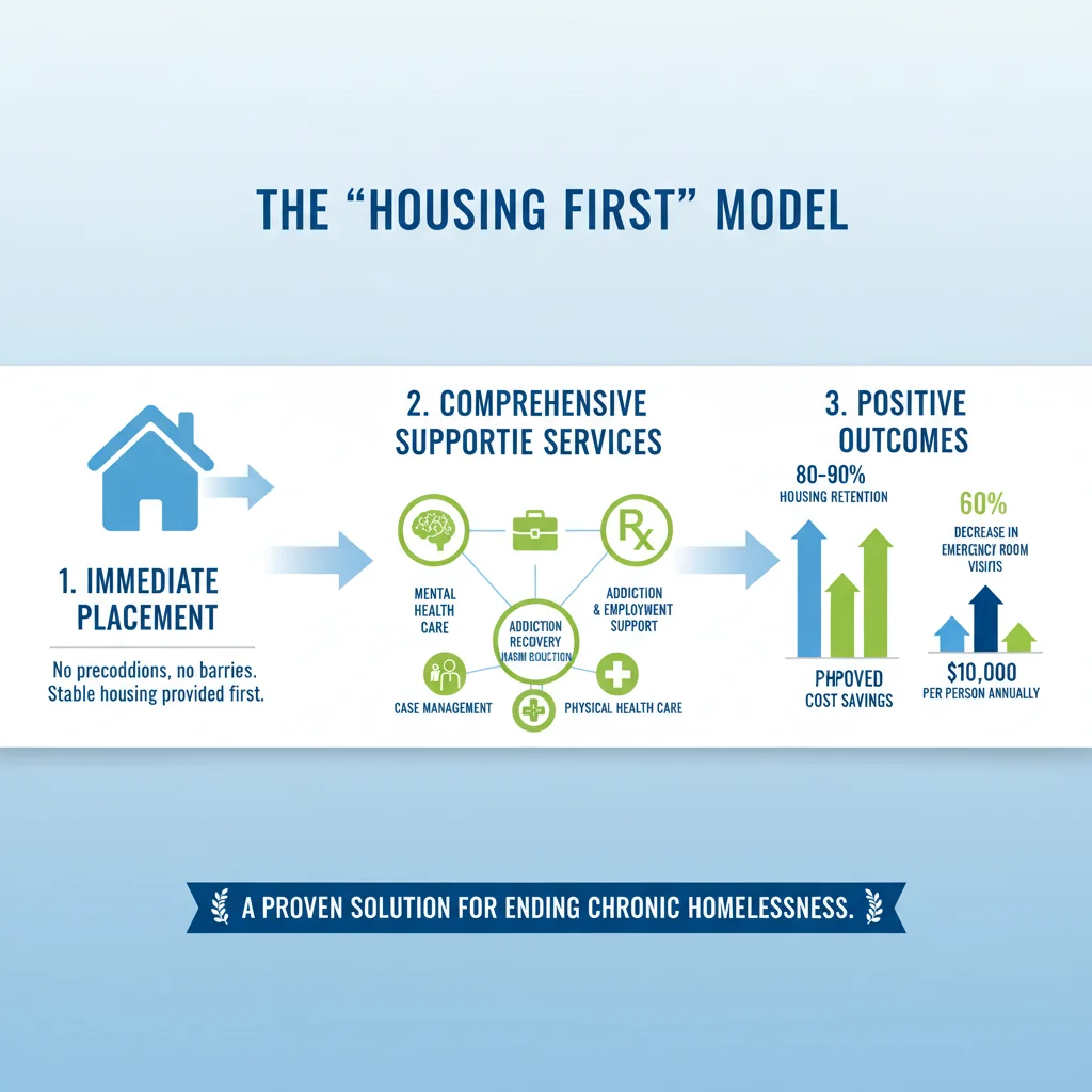 Infographic depicting Housing First model with supportive services and positive outcomes.