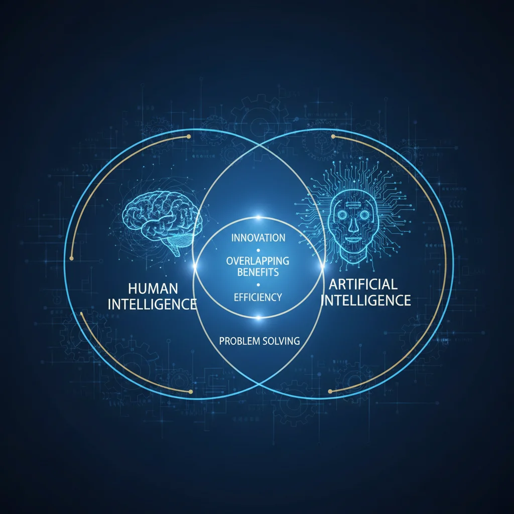 Venn diagram showing the synergistic benefits of human and artificial intelligence in a blended workforce.