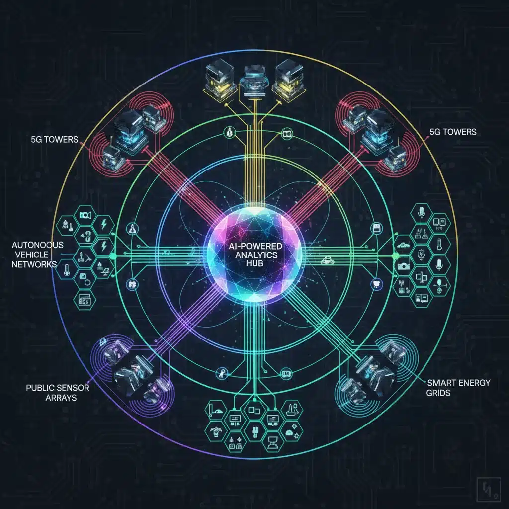 Diagram of hyper-connected urban infrastructure with 5G, IoT, and AI integration.