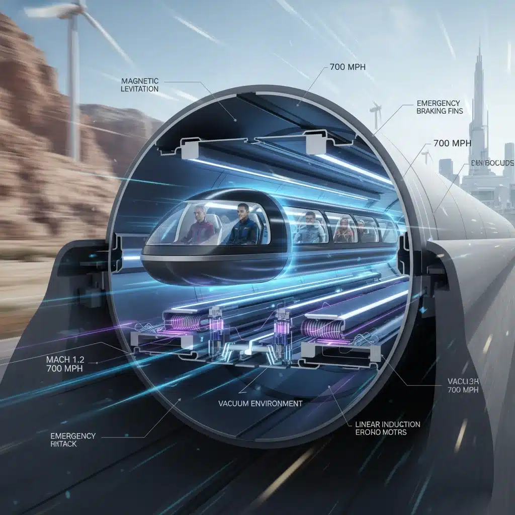 Detailed diagram of a hyperloop system demonstrating magnetic levitation and vacuum propulsion for high-speed travel.