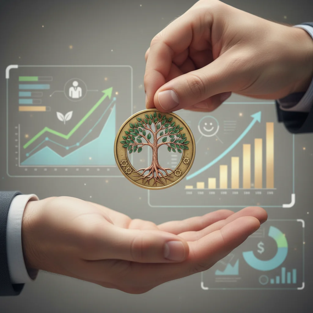 Hands exchanging a coin with a tree, representing impact investing and sustainable growth