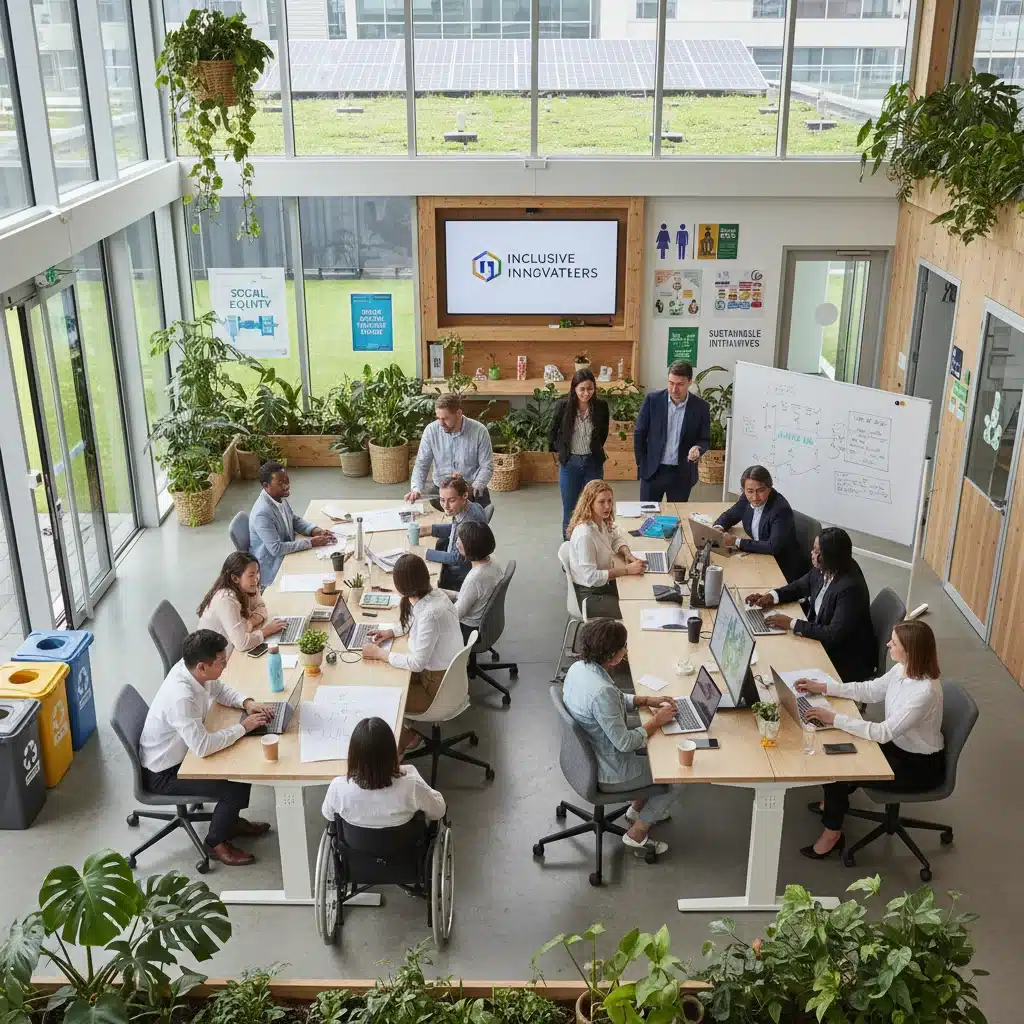 Diverse employees collaborating in an eco-friendly office, showcasing inclusive CSR practices.