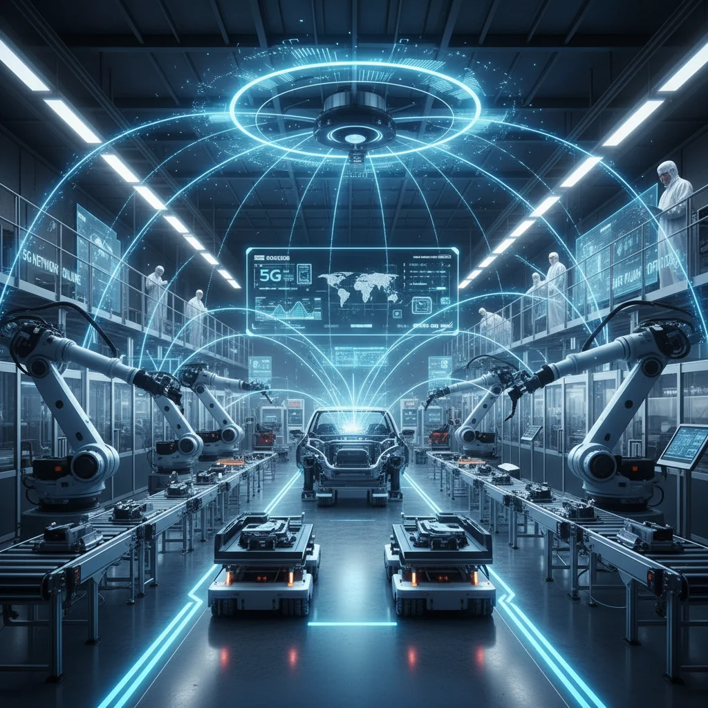 Automated factory with robots connected by a 5G Advanced network, showcasing industrial IoT.
