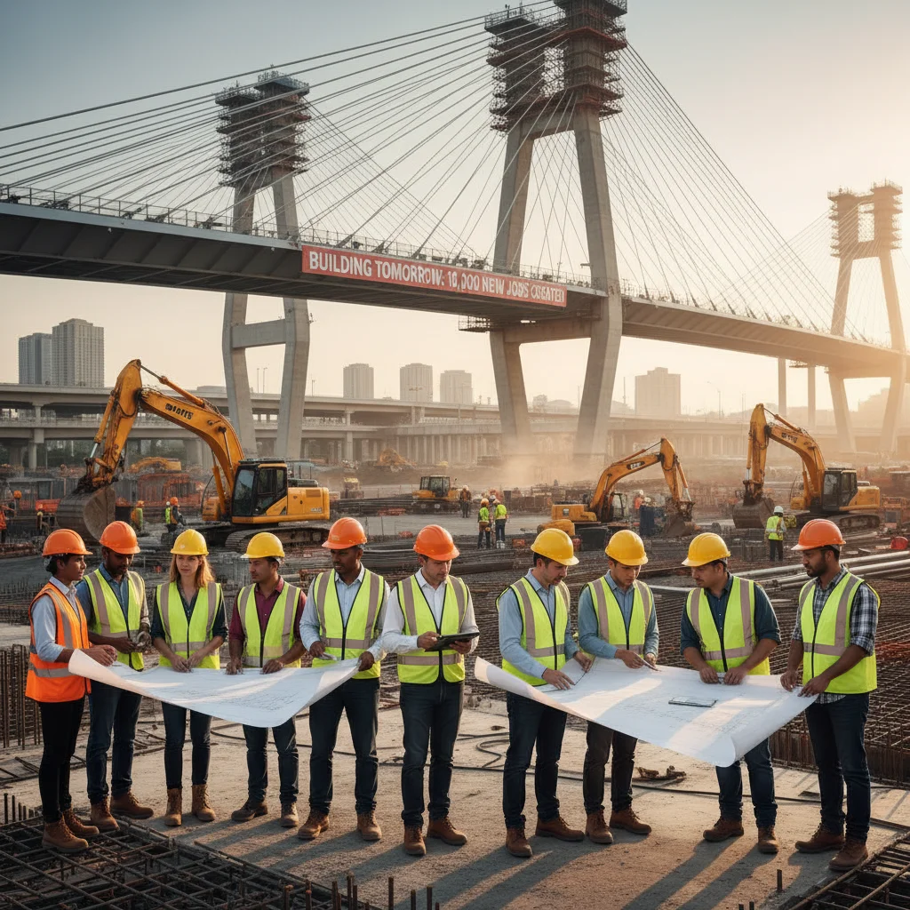 Construction workers and engineers collaborating on a large infrastructure project, symbolizing job creation.