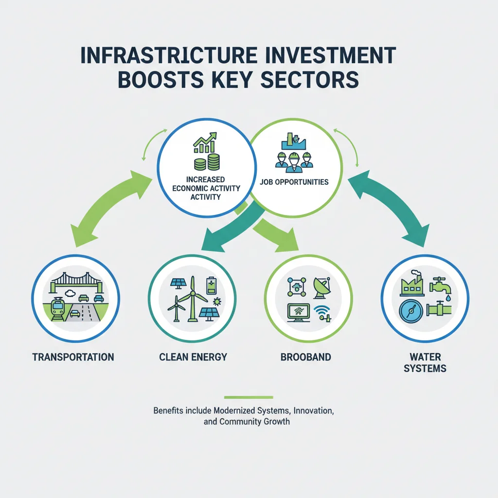 Infographic illustrating economic sectors benefiting from infrastructure investment and job opportunities.