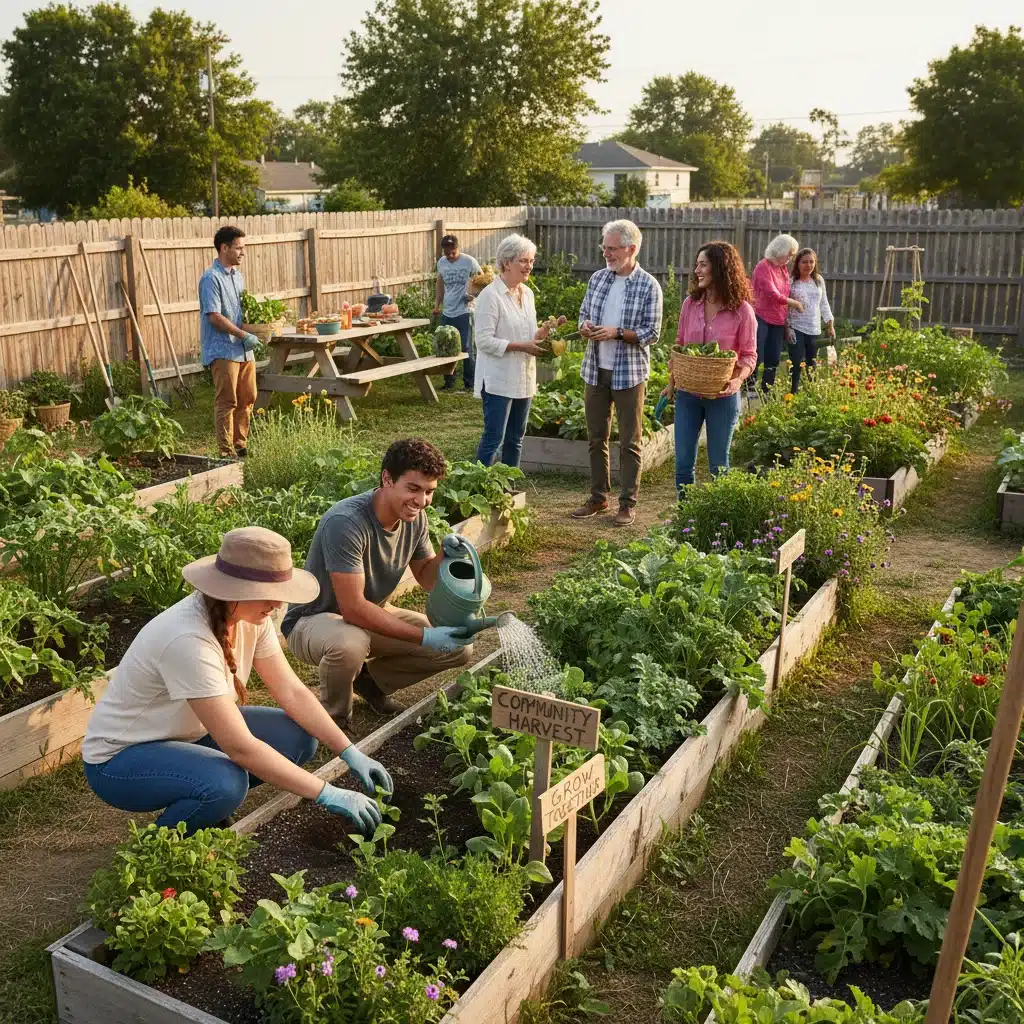 Intergenerational group of residents working together in a vibrant community garden.