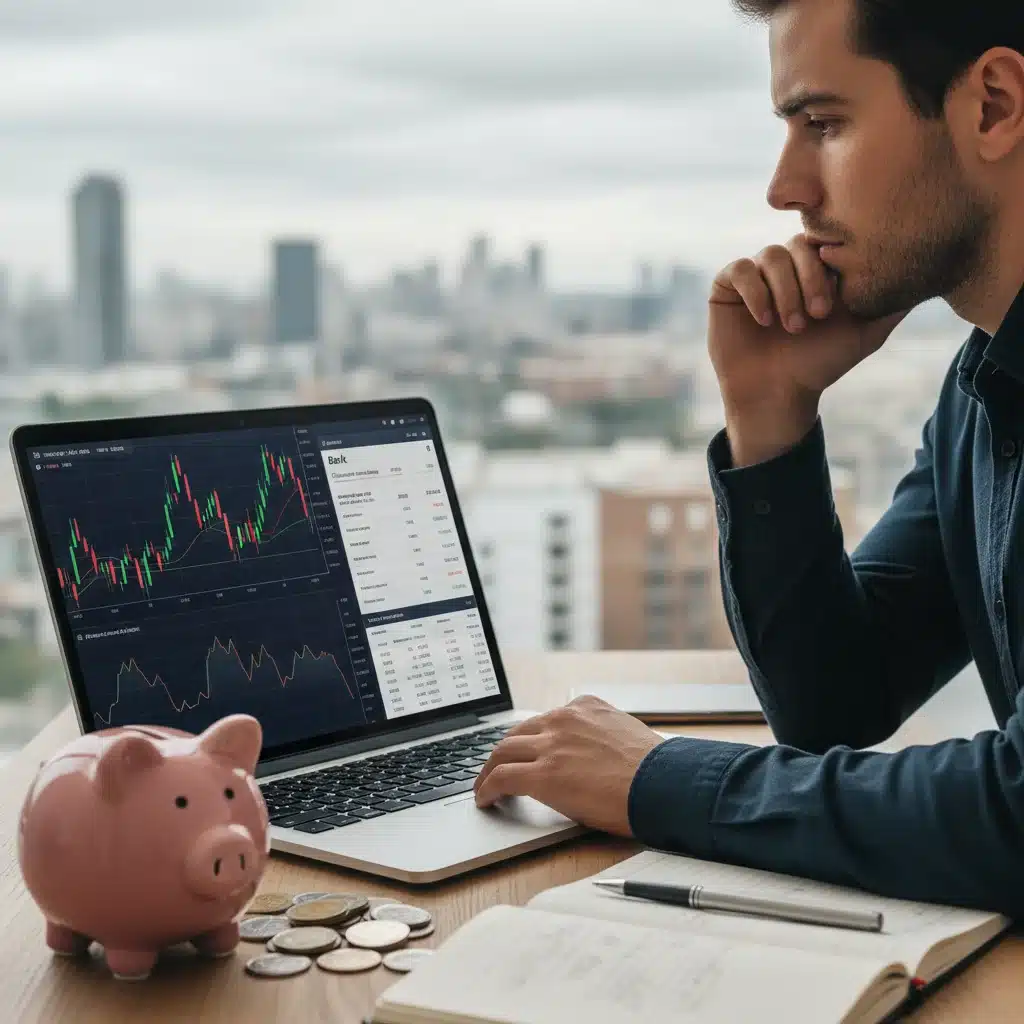 Person analyzing investment and savings on laptop with piggy bank
