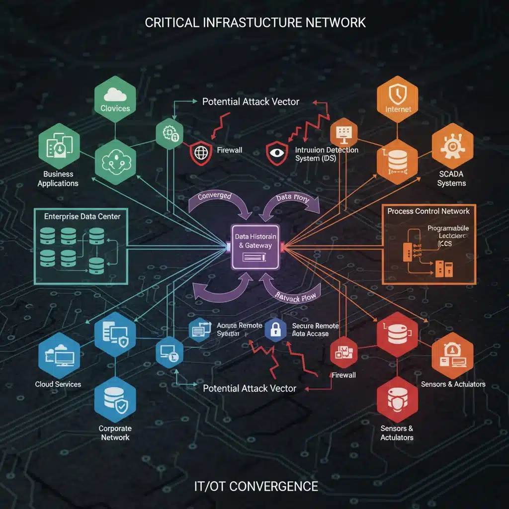 IT OT convergence diagram showing secure data flow in critical infrastructure.