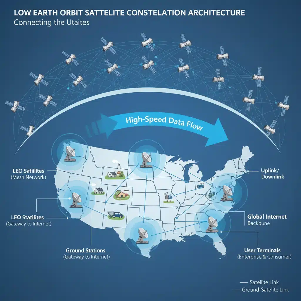 Diagram of a LEO satellite constellation providing internet coverage.