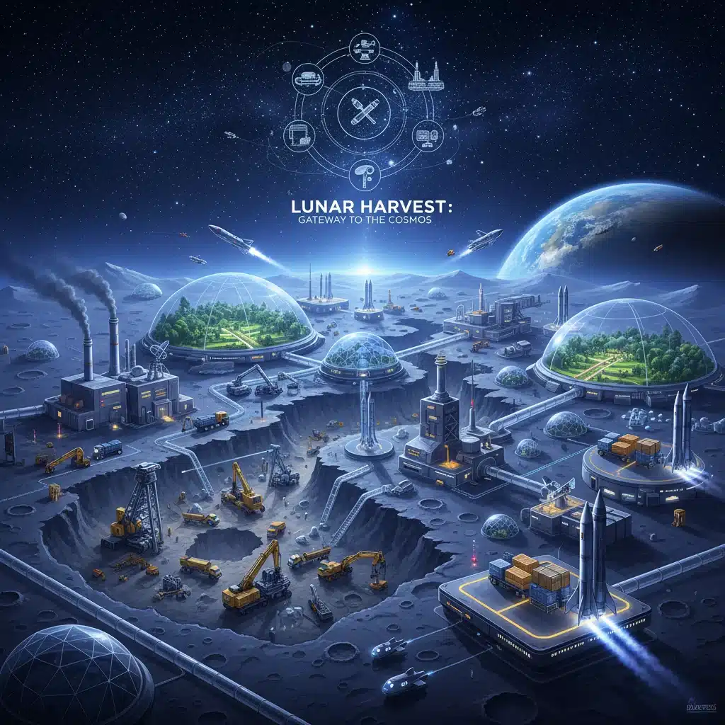 Lunar base with commercial mining and research facilities, illustrating future space resource utilization.