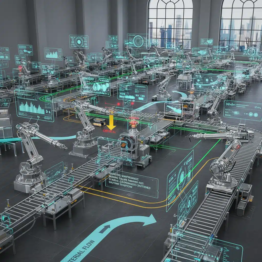 Digital twin model of a manufacturing assembly line with data points and simulated operations.