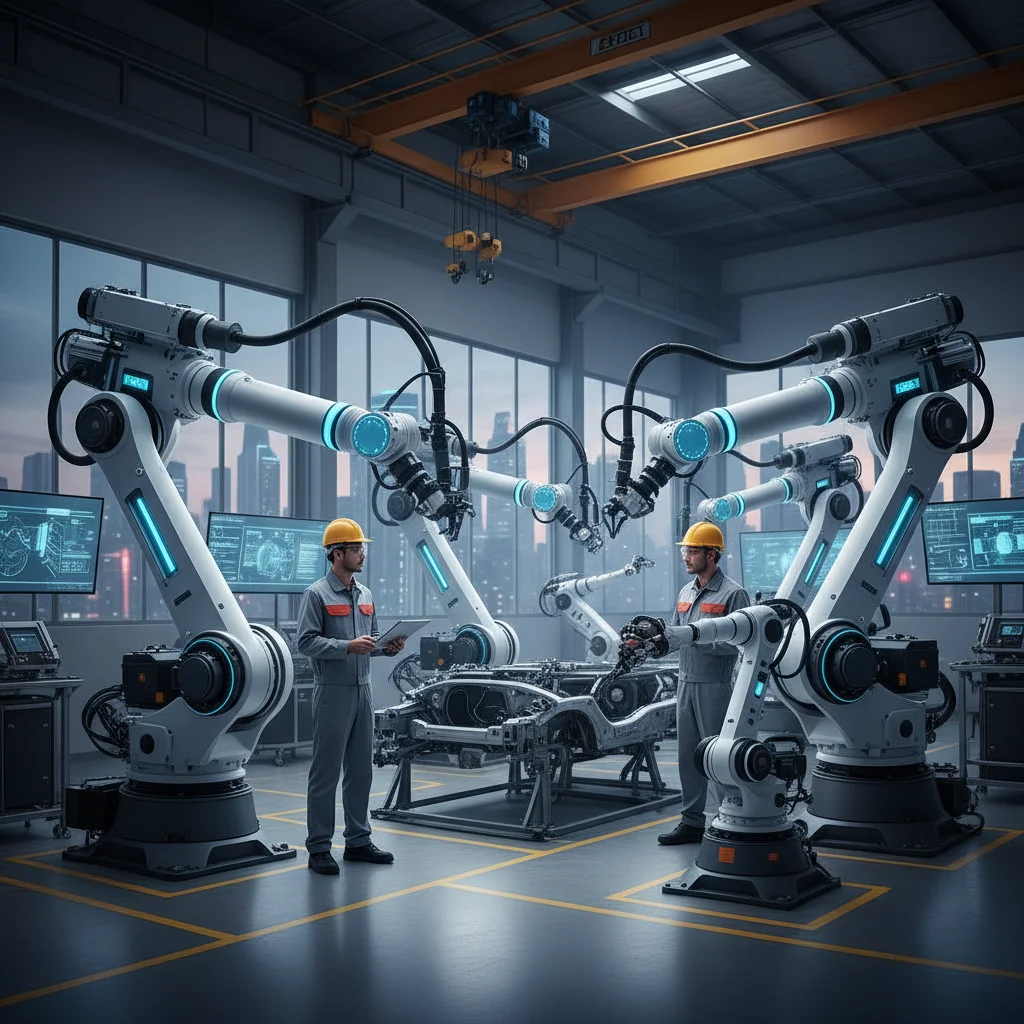 Robotics and human technicians collaborating in a modern manufacturing plant.