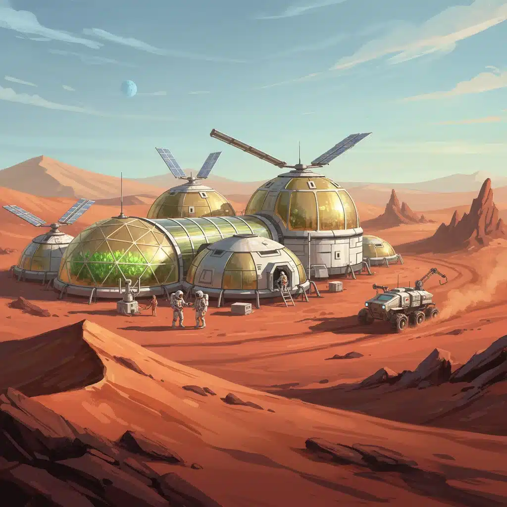 Artistic rendering of a future human Mars base with habitats and rover.