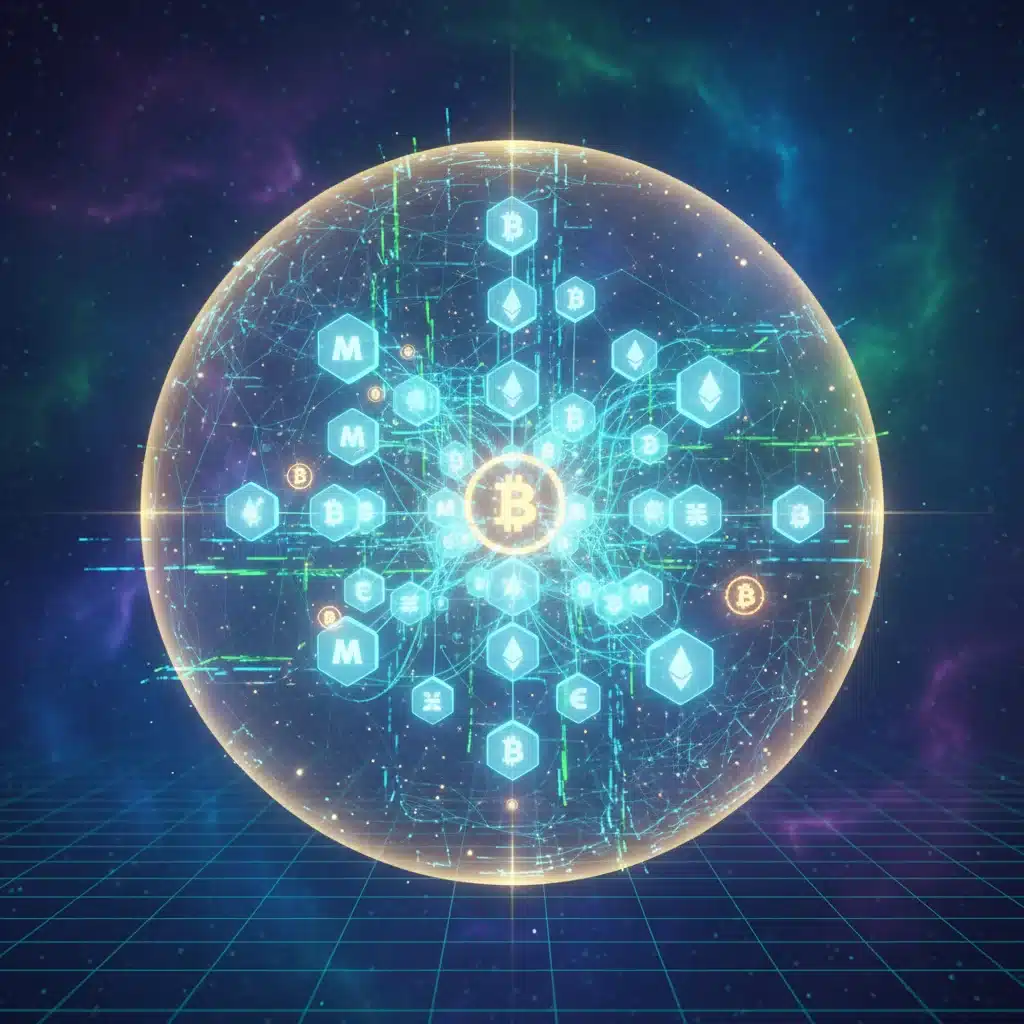 Blockchain network with glowing nodes and digital currency symbols, representing secure metaverse transactions.