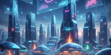 Metaverse Economy: $200 Billion Opportunity for US Tech Startups Futuristic metaverse cityscape with holographic projections and interacting avatars, symbolizing economic growth.