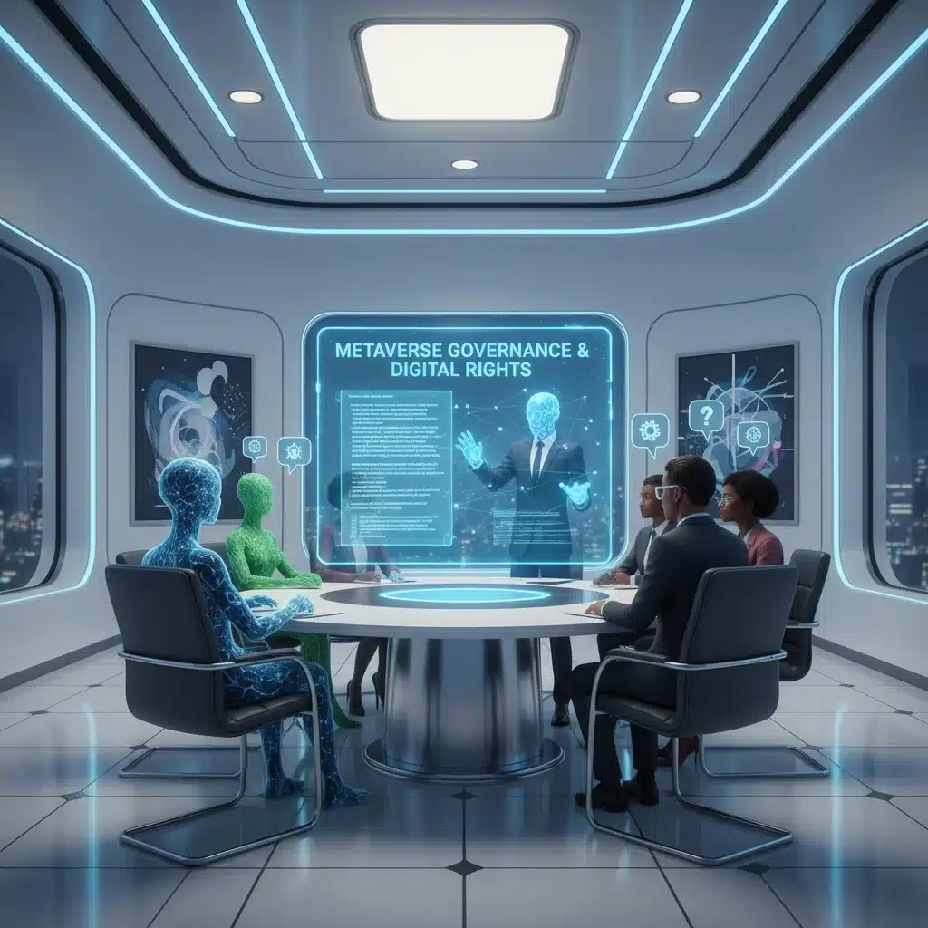 Avatars in a virtual meeting discussing metaverse governance and digital rights.