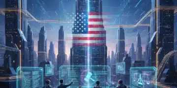 Futuristic digital city with data streams and US flag, representing metaverse regulation challenges.