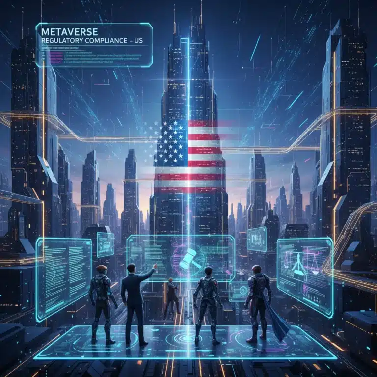 Futuristic digital city with data streams and US flag, representing metaverse regulation challenges.