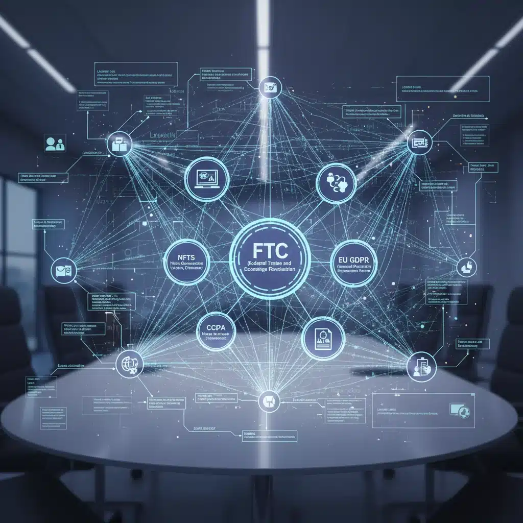 Network diagram showing data flows and regulatory bodies interacting with metaverse components.