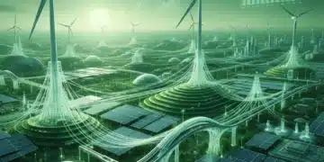 Modernized US green energy grid with wind turbines, solar panels, and smart transmission lines, symbolizing carbon reduction efforts.