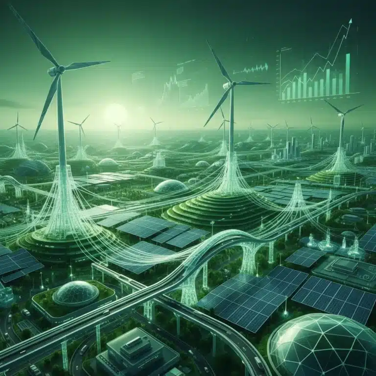 Modernized US green energy grid with wind turbines, solar panels, and smart transmission lines, symbolizing carbon reduction efforts.