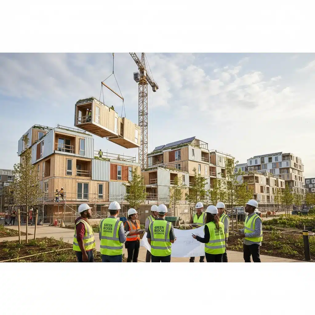 Construction of modern modular eco-friendly housing units in an urban setting.