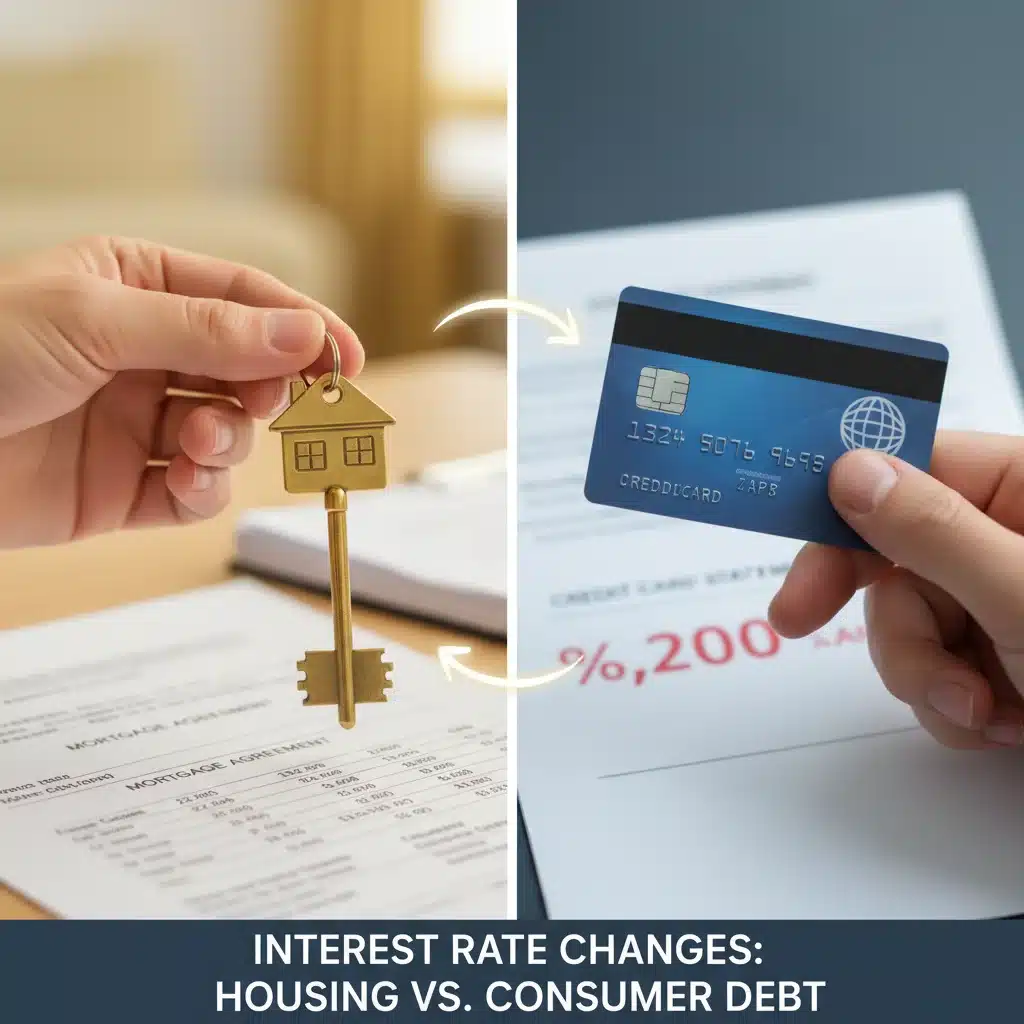 Hands holding house key and credit card, symbolizing mortgage and debt impact