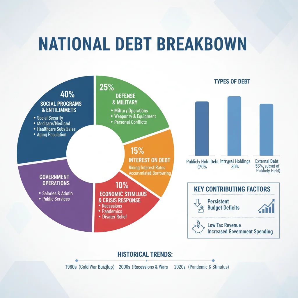 Infographic detailing components and contributing factors of national debt