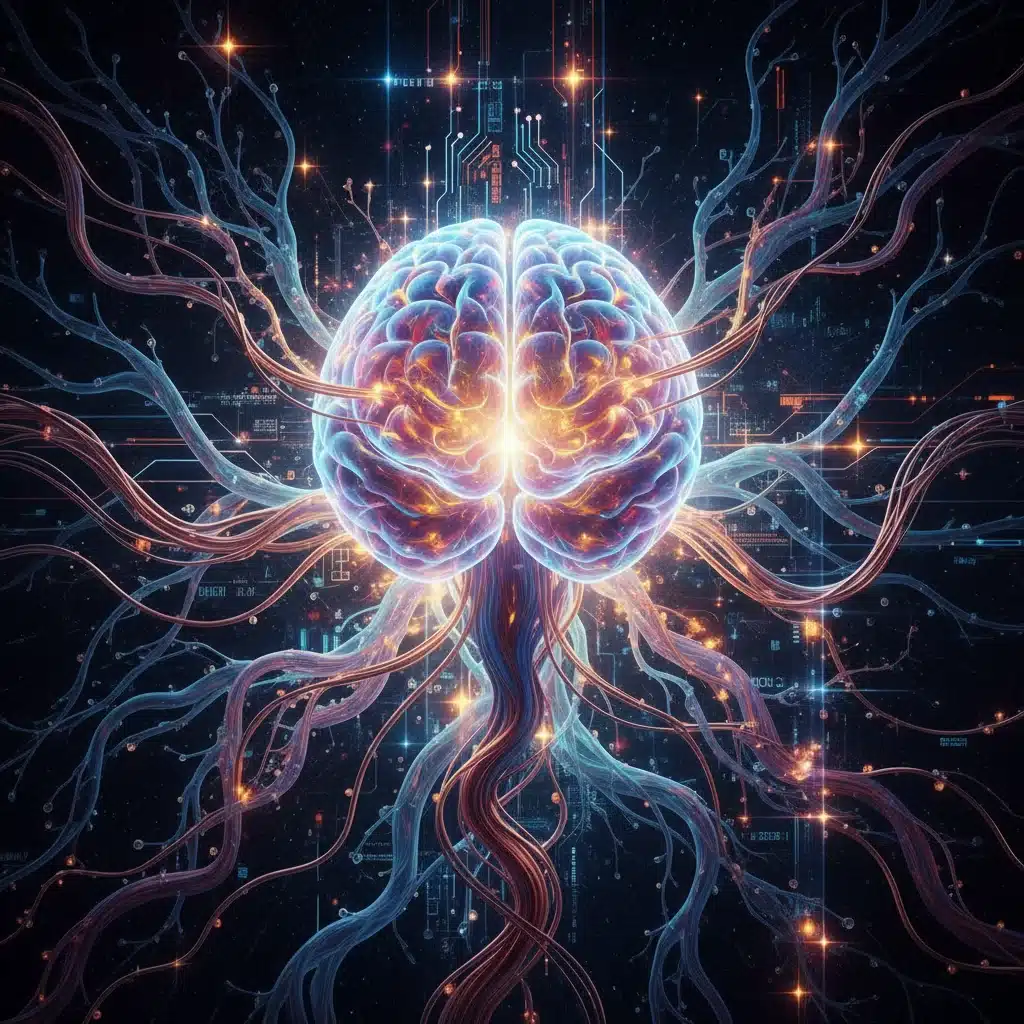 Abstract image of a human brain augmented by neural networks.