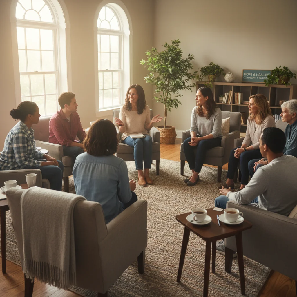 Community support group meeting for opioid recovery, emphasizing connection.