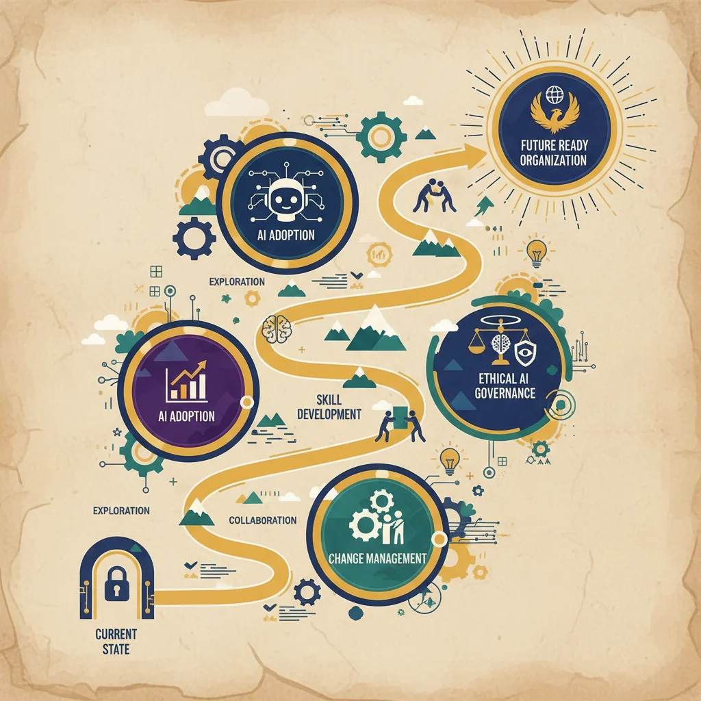 Infographic depicting the roadmap for successful AI integration and change management within an organization.