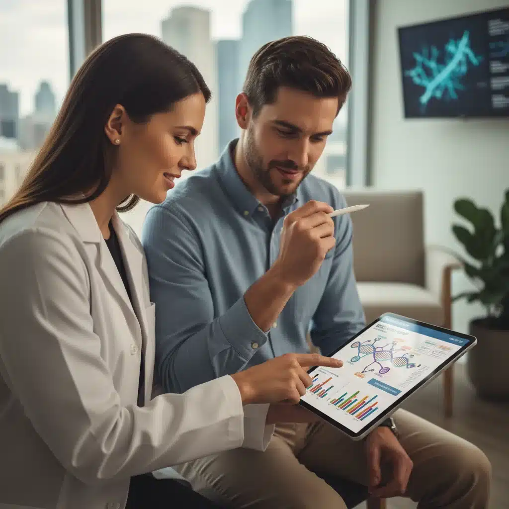 Doctor explaining personalized genetic results to a patient on a digital tablet in a modern clinic.