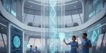 Doctors and nurses analyze predictive analytics data on holographic screens in a modern hospital.