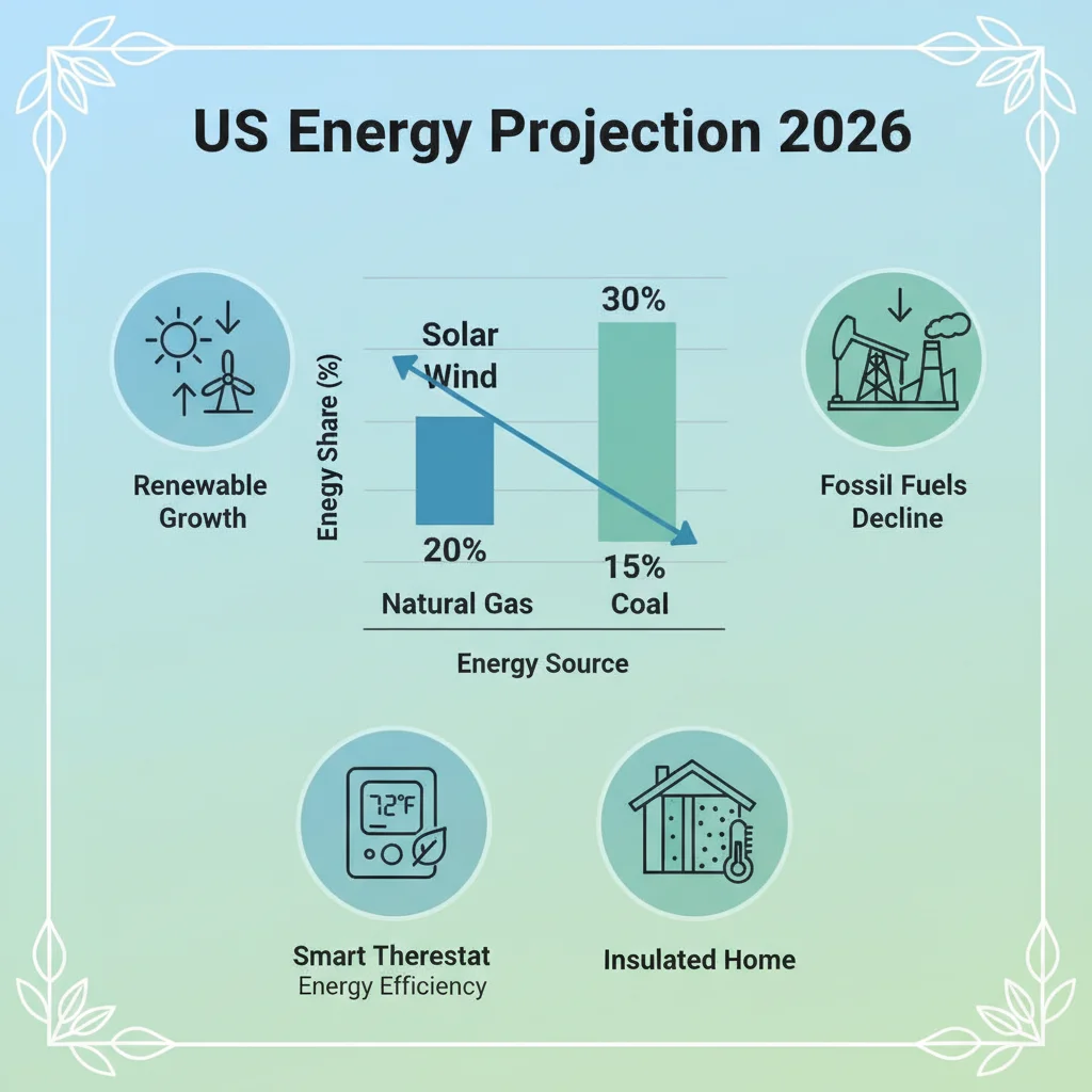 Infographic showing renewable energy growth and energy efficiency trends for US households in 2026.