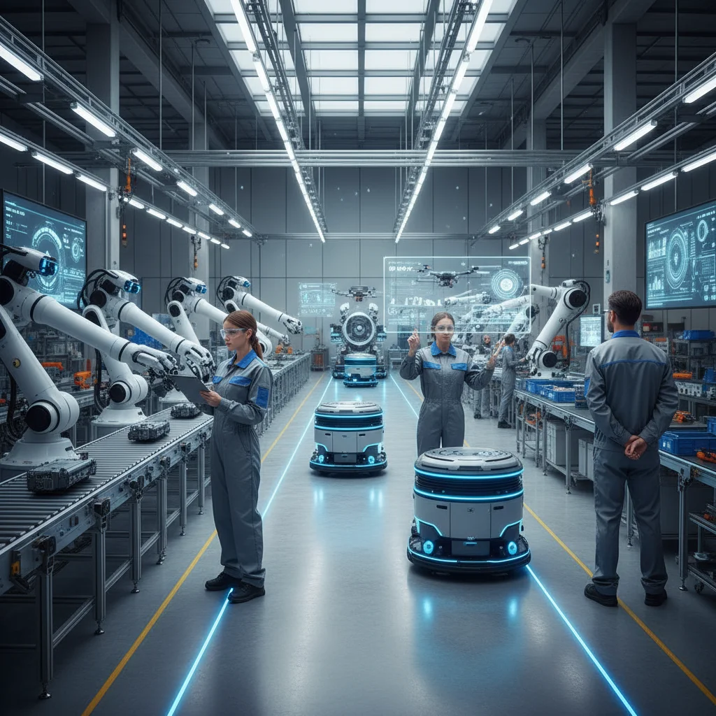 Robotics and human technicians collaborating in a modern factory setting, illustrating the future of automation in industries.