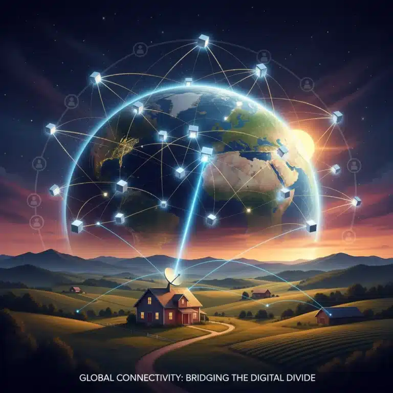 Satellite constellation providing internet to a rural home, bridging the digital divide.