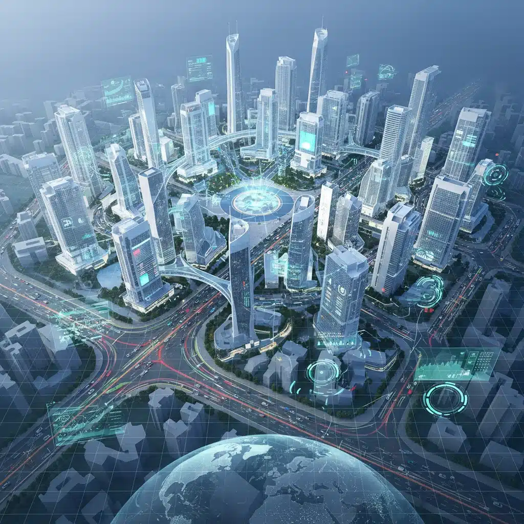 Smart city aerial view with digital overlays showing urban planning and real-time data.