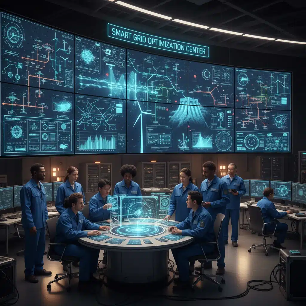 Engineers and technicians in a control room monitoring real-time data of a smart green energy grid, symbolizing collaboration and technological advancement.