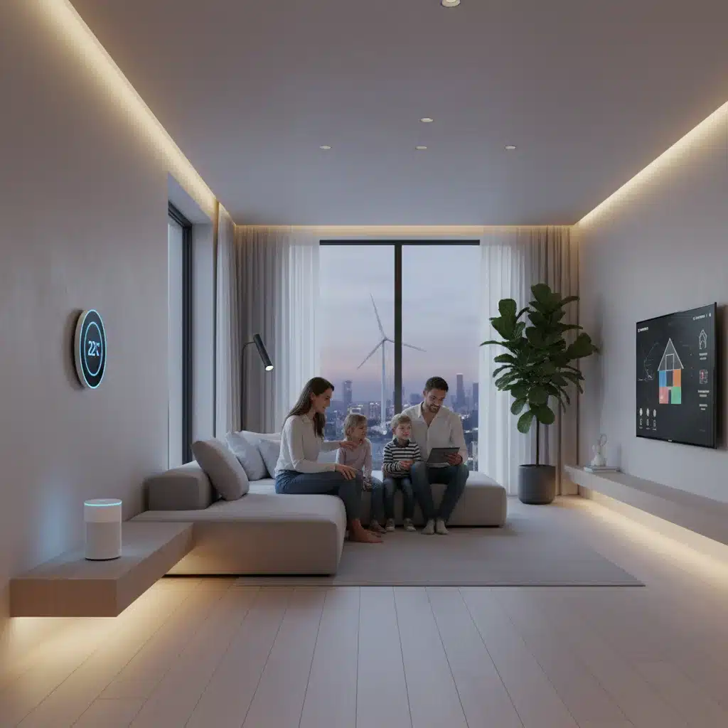Smart home interior with integrated IoT devices and a family enjoying automated living.