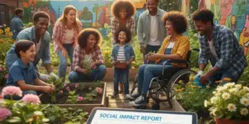 Measuring Social Program Impact: Crucial Metrics for 2026 Success Group of diverse people benefiting from a social program, with data analytics overlay