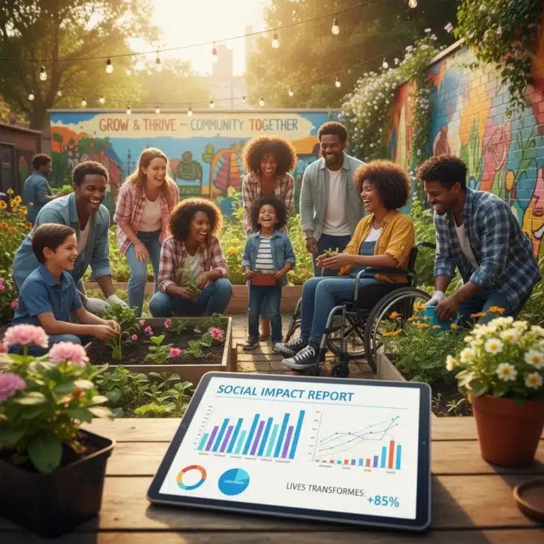 Group of diverse people benefiting from a social program, with data analytics overlay