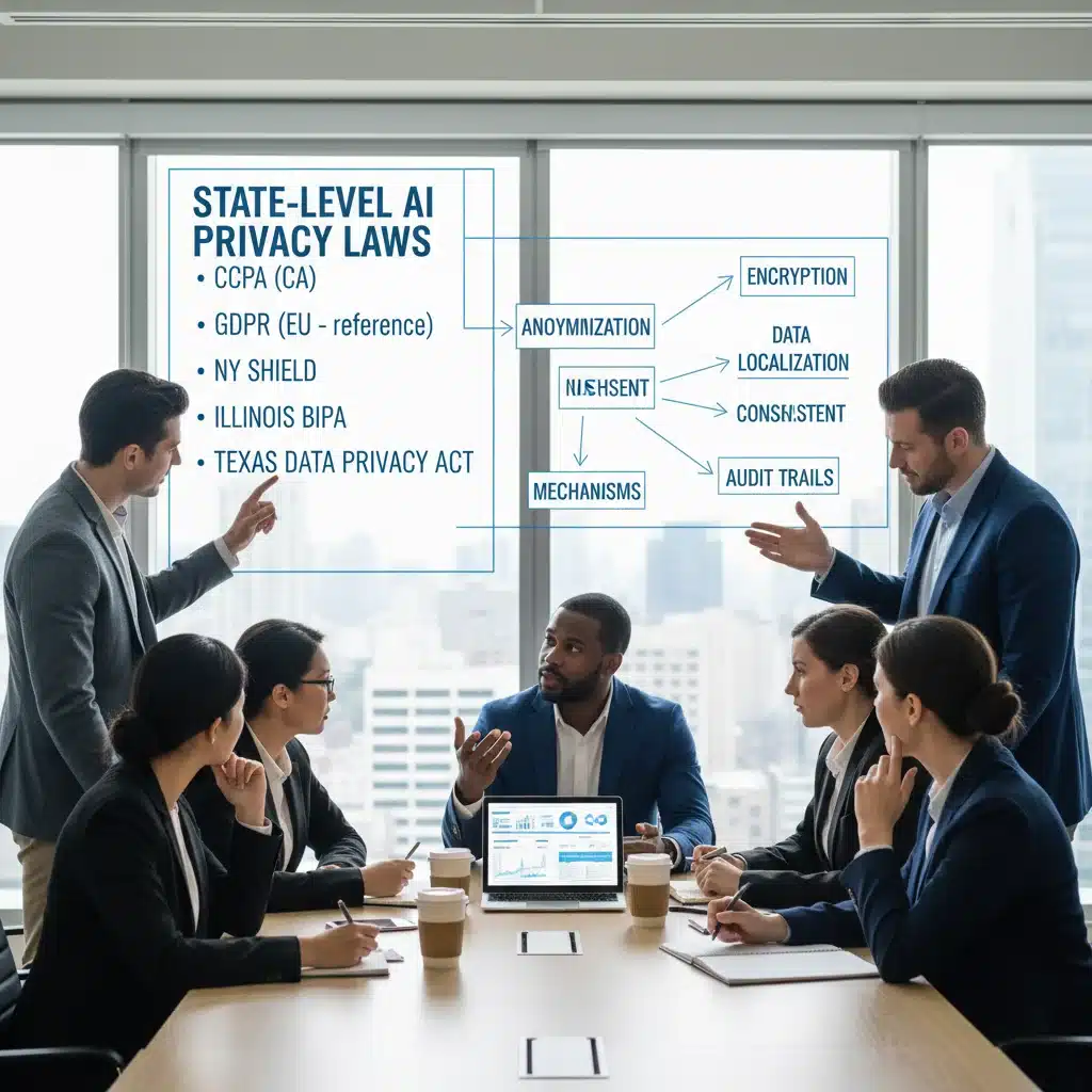 Business team discussing state-level AI privacy laws and data security compliance.