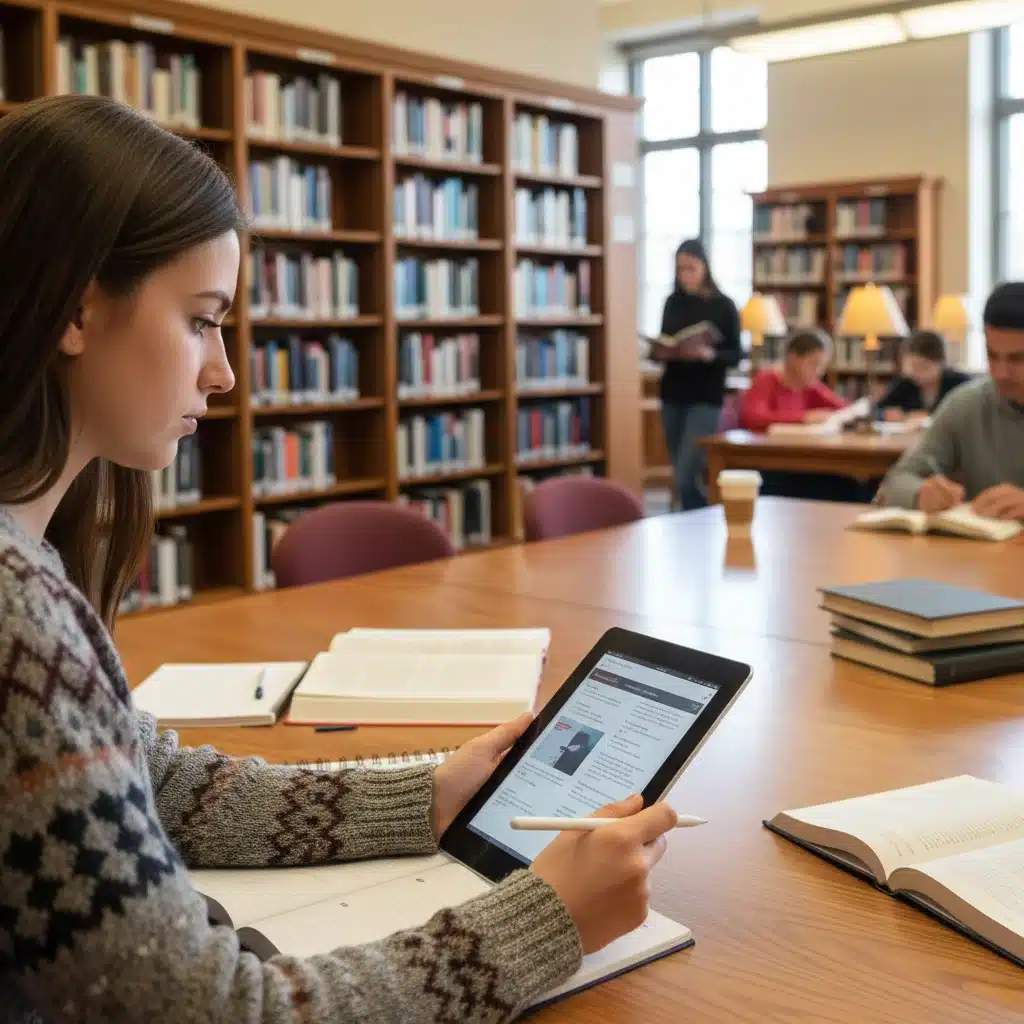 Student using a tablet in a library, highlighting technology access.