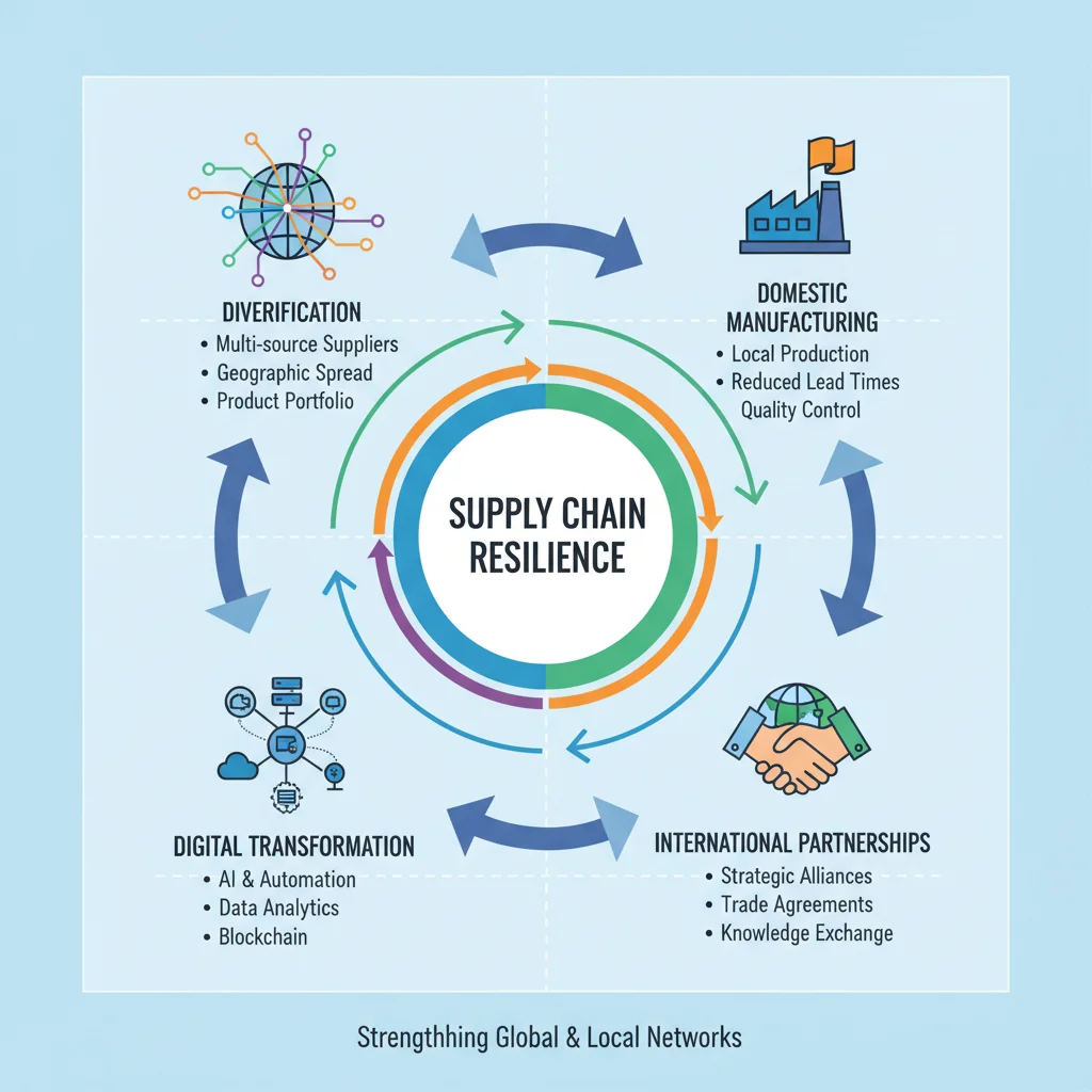 Infographic illustrating key components of supply chain resilience: diversification, domestic manufacturing, digital transformation, and partnerships.