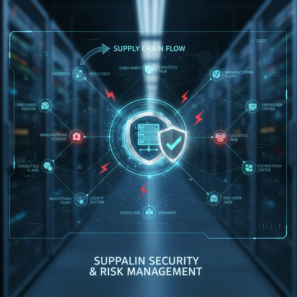 Complex network diagram showing supply chain vulnerabilities and a protective shield for security.
