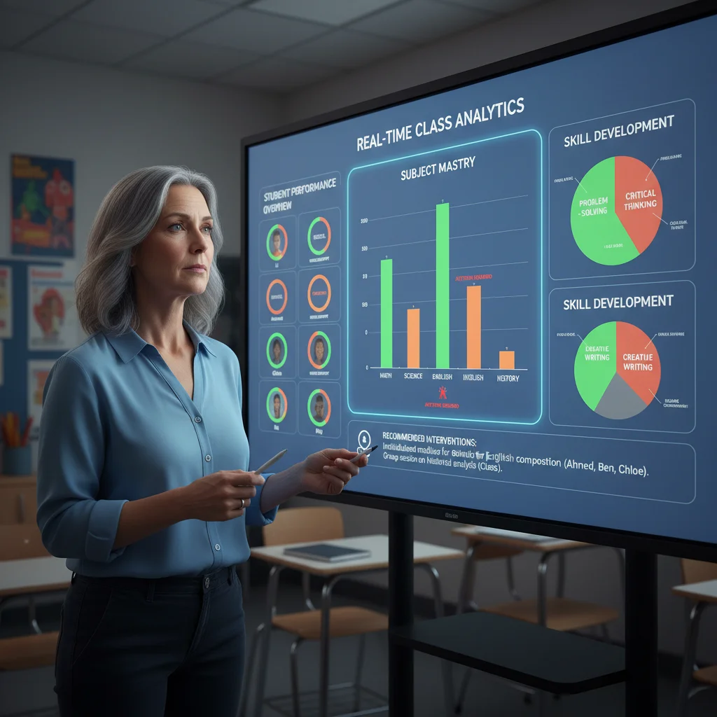 Teacher analyzing AI-powered student performance data dashboards.