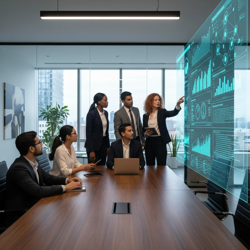 Business team analyzing cybersecurity data and threat intelligence on a large screen.