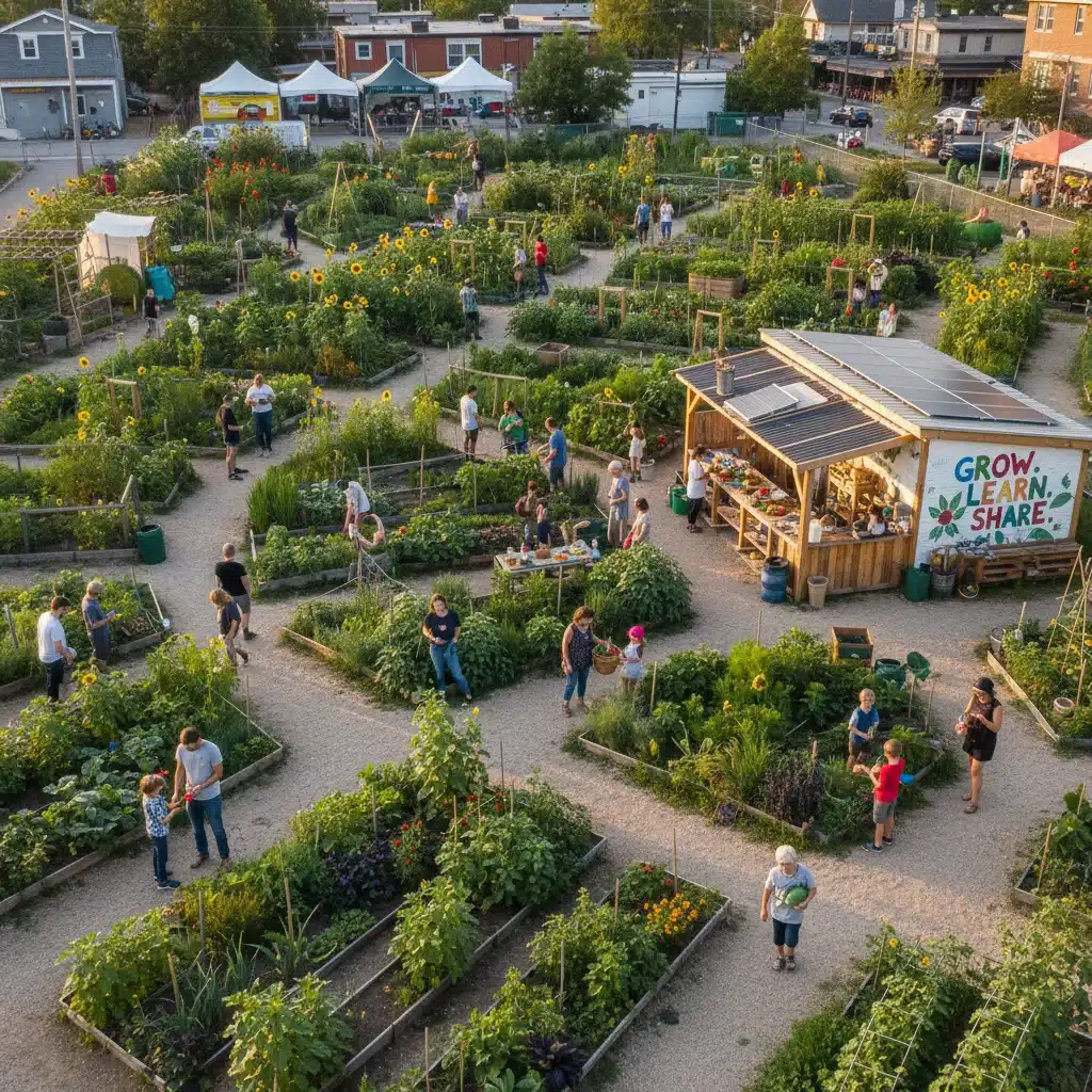 Community members working together in a vibrant garden, symbolizing local empowerment.