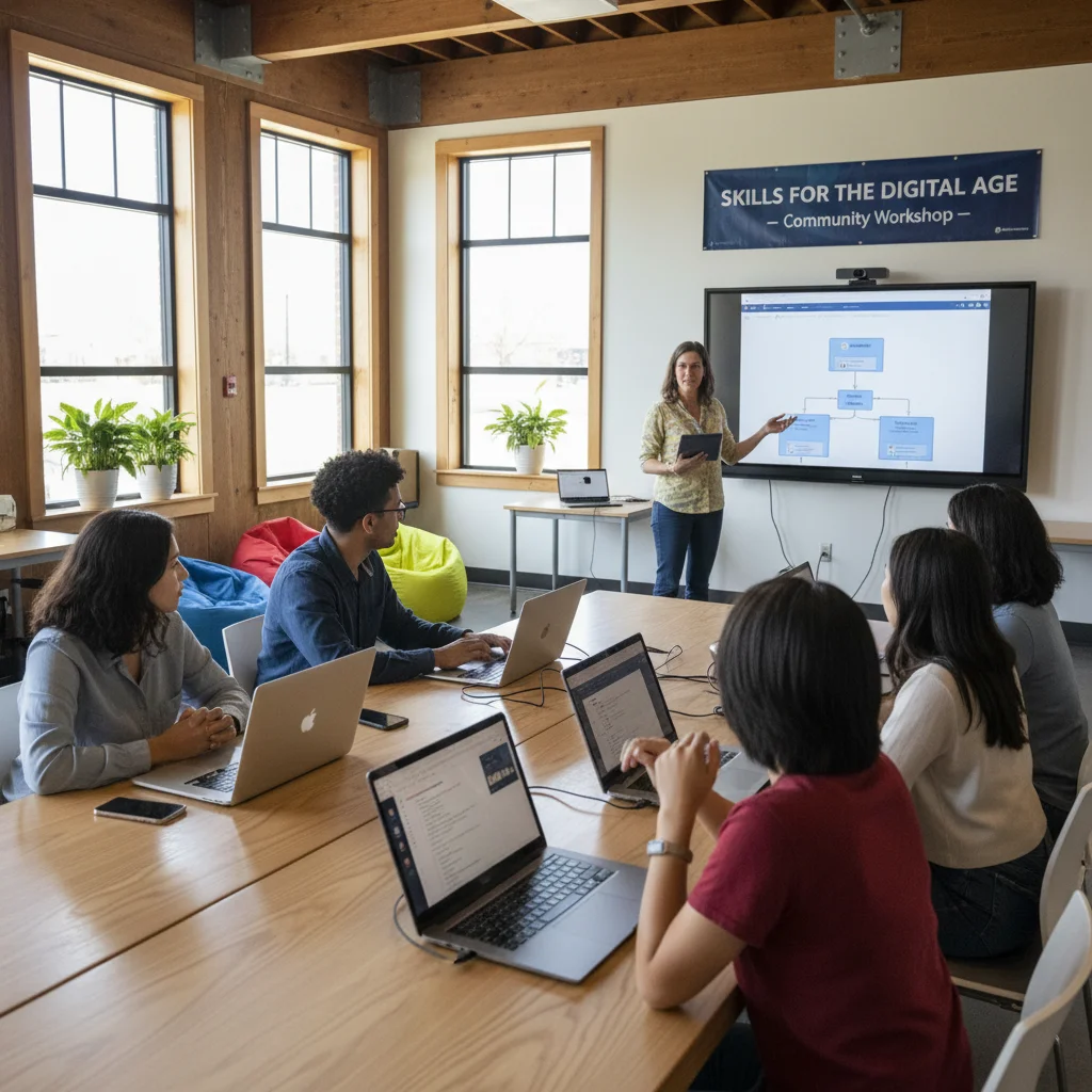 Young volunteers engaged in a digital literacy workshop, highlighting skill-based contributions.