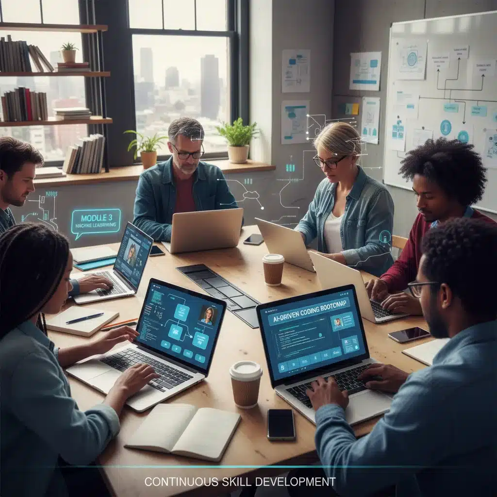 Diverse individuals participating in online AI upskilling and reskilling programs.